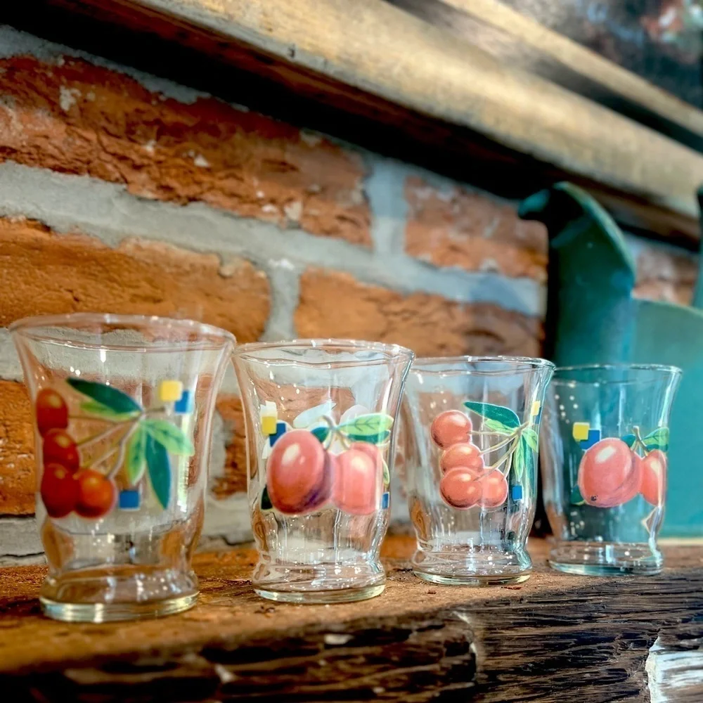 Vintage Mid-Century Cherry Fruit Pattern Cordial Shot Glasses- set of 4